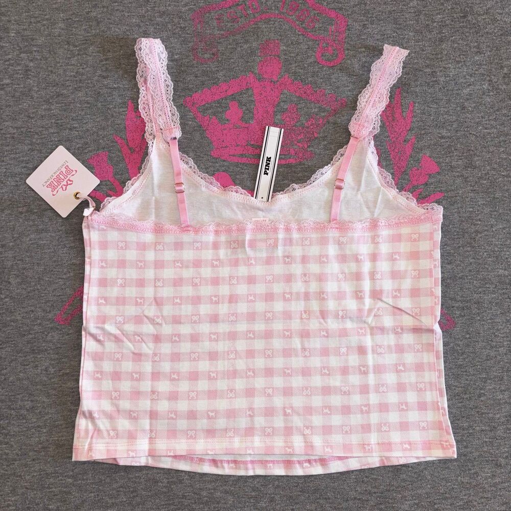 PINK x LoveShackFancy Cotton Cami Tank Top Icon Gingham Pink & White Plaid XL - Picture 5 of 12